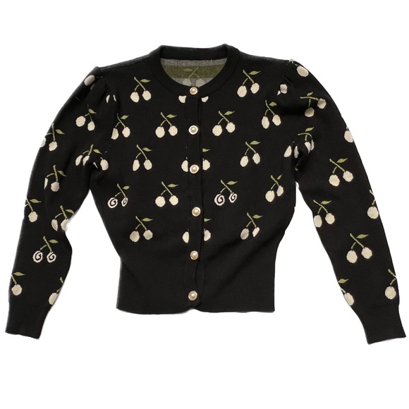 Marant Cherry Sweater Cardigan Button Up Repeat Pattern Black Cream Size S/M - Picture 6 of 6